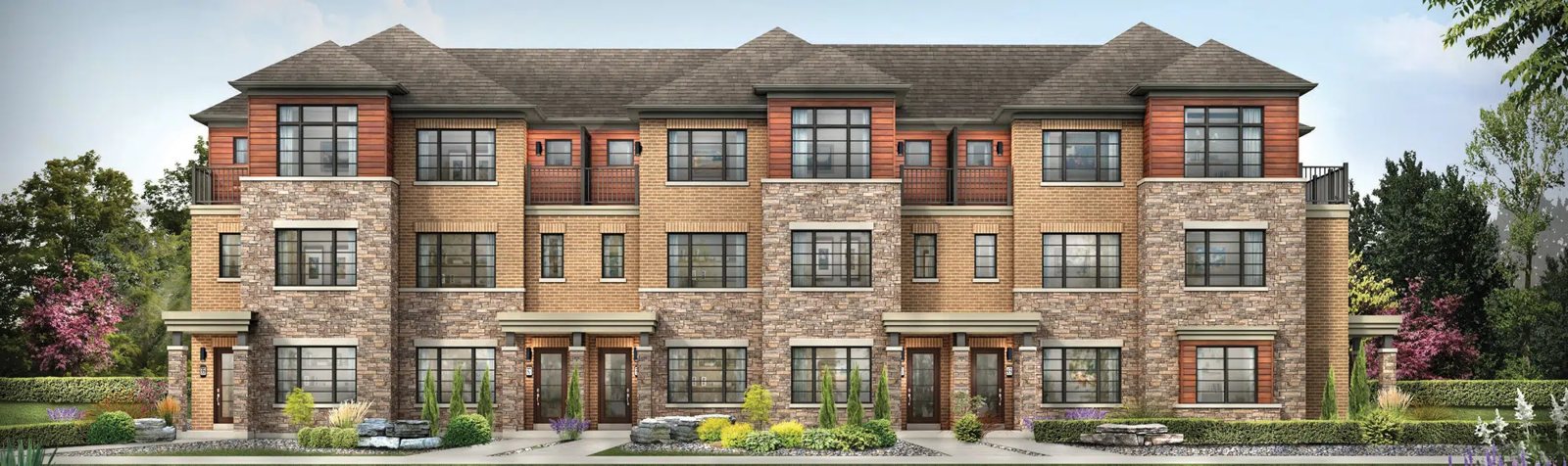 Brick and stone three-storey townhome elevation