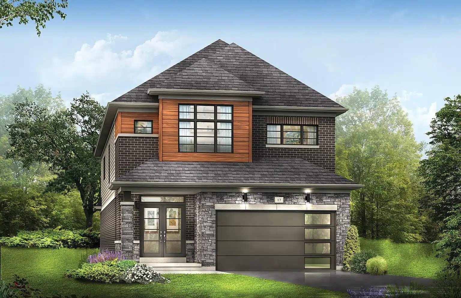 Modern two-storey detached home with brick, stone and wood accents and a double garage
